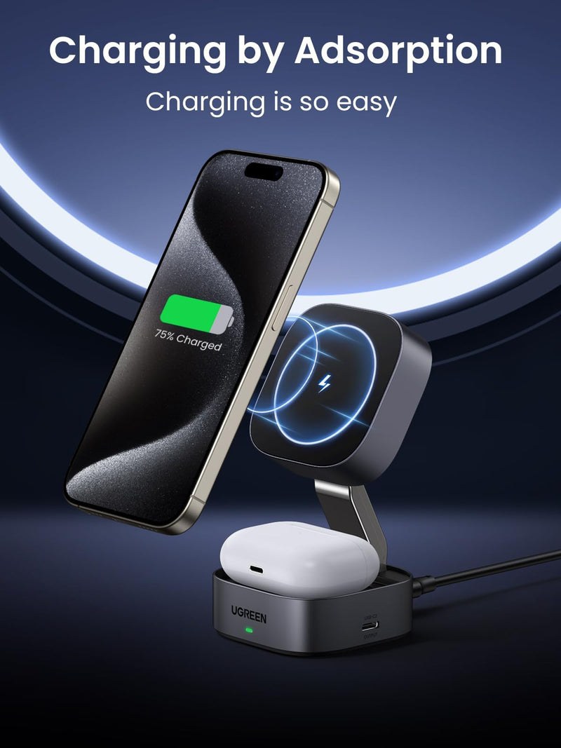 UGREEN Magnetic Foldable Charging Station, 2-in-1 Fast Wireless Charger Compatible with iPhone 15 14 13 12, Airpods3 2 Pro (No AC Adapter)