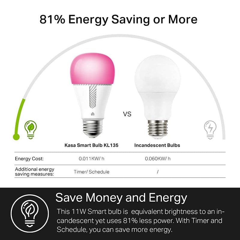 Kasa Smart Bulb, 1000 Lumens Full Color Changing Dimmable Smart WiFi Light Bulb Compatible with Alexa and Google Home, 11W, A19, 2.4Ghz only, No Hub Required (KL135P2), 2-Pack,White 1000 Lumens, 2-Pack
