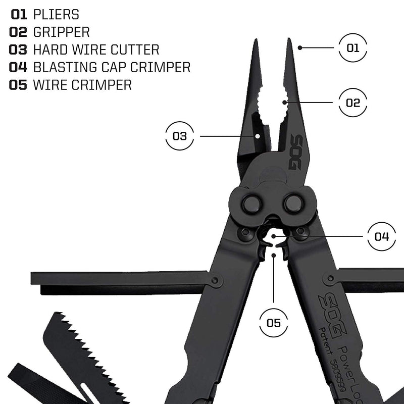 SOG PowerLock Multi-Tool- Compound Leverage Technology with EOD Crimper Device, 420 Stainless Steel Body, 18 Lightweight Specialty Tools (B61N-CP) , Black