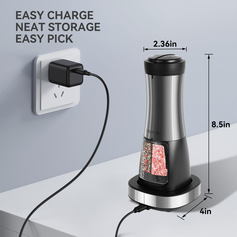 MOVNO 2 in 1 Rechargeable Electric Salt and Pepper Grinder Set with Charging Base, No Need Battery Automatic Salt and Pepper Grinder, One-Handed Operation, Adjustable Ceramic Grinder with LED Light Black