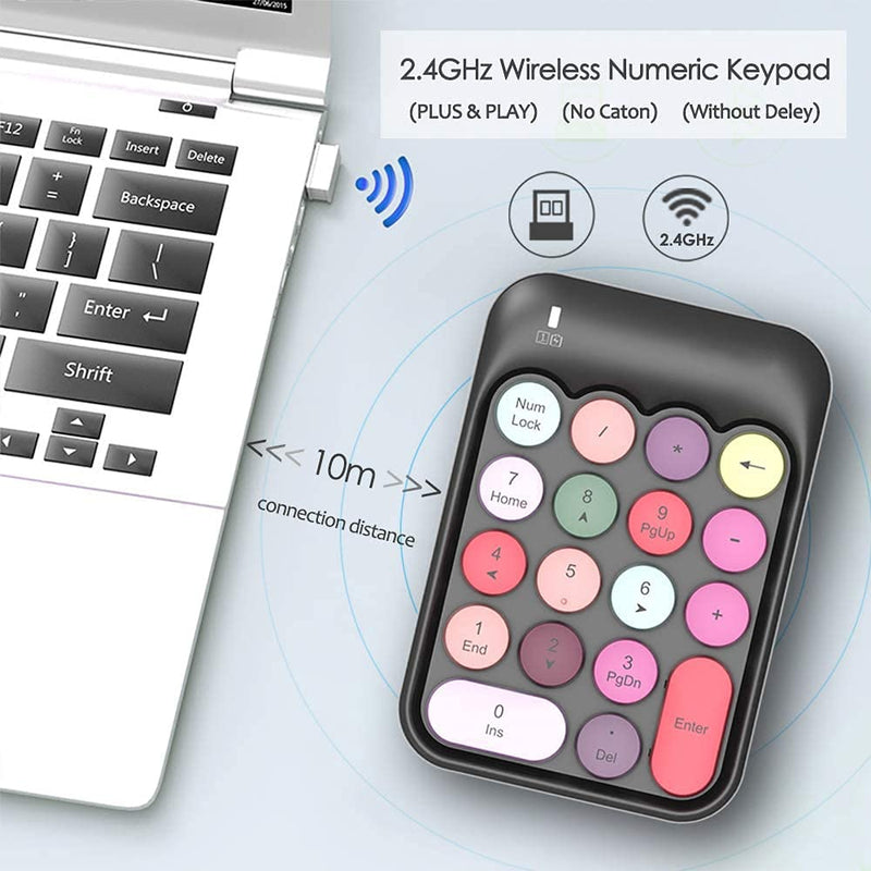 FELICON Wireless Numeric Keypad 18 Keys with 2.4G Mini Portable Silent Number Pad USB Receiver Financial Accounting Keyboard Extensions for Laptop Desktop PC Pro（Black Mix） Black Mix