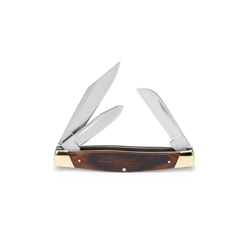 Buck Knives 371 Stockman 3-Blade Folding Pocket Knife, Woodgrain Inlay Handle with Nickel Silver Bolsters, 420J2 Steel Clip, Spey, and Sheepsfoot Blades, EDC Multi-Blade Pocket Knife, 3.1 oz Brown