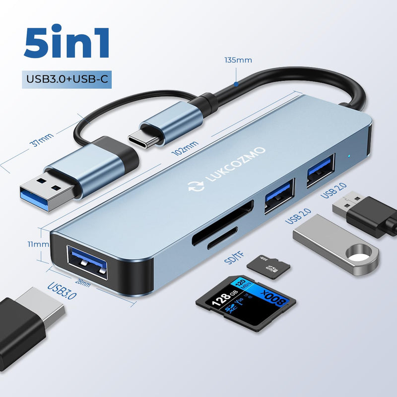 USB Hub 5 Ports, Multiple USB Hub 3.0 & TF/SD Card Reader, USB Splitter 5 in 1 USB Extender Compatible with MacBook/Pad Pro/Dell/HP Laptop/Phones…