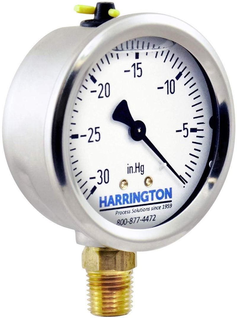Harrington 52895686 2-1/2" Liquid Filled Vacuum Gauge -30 inHg/0 psi 304 Stainless Steel with Vented Fill Plug 1/4" NPT Bottom Mount Industrial Grade A +/- 2/1/2% Accuracy ASME B40.100 Model 213.53