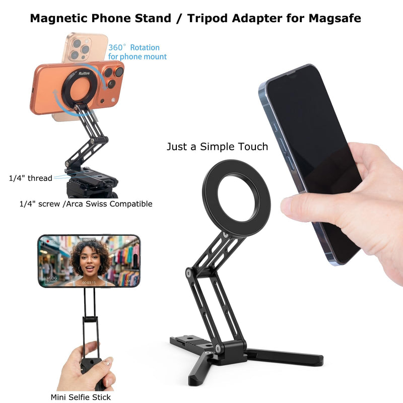 Ruittos for Magsafe Phone Stand & Tripod Adapter, Aluminum iPhone Mount with Arca-Swiss Base,1/4" Thread Foldable Desktop Stand & Selfie Stick Grip, Compatible with iPhone 17/16...Andriod