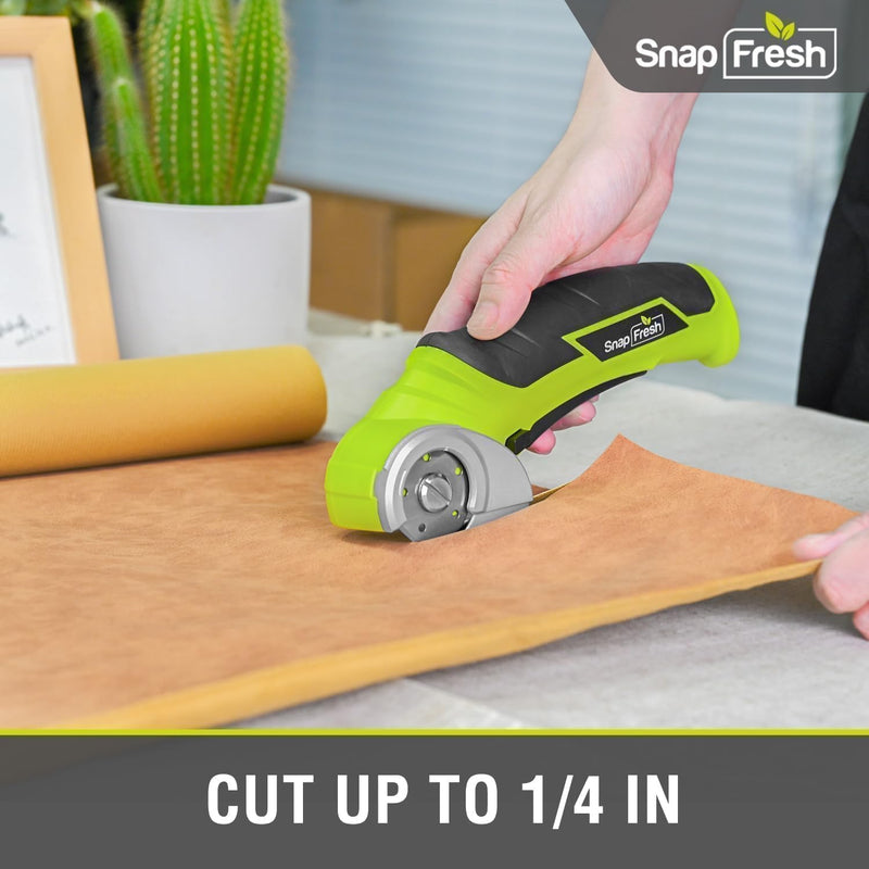SnapFresh Cordless Electric Scissors, 4V Electric Mini Box Cutter, Carpet & Cardboard Cutter Tool with a Replacement Blade/Charger, Rotary Cutter for Cardboard Packages Leather Plastic （Green） Green
