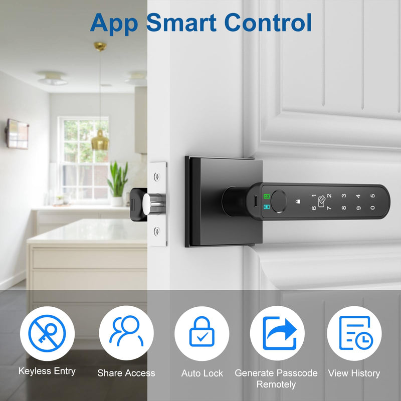 Foxgard Smart Fingerprint Door Lock:Fingerprint Door Knob-Biometric 5-in-1 Finger Print Door Lock-Thumb Print Door Knob for Bedroom-APP Control-Easy Installation–Square Black–1 Pack Modern