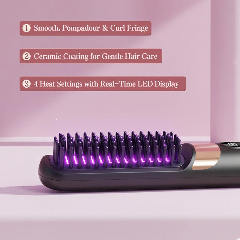 Go Brush Pro UK Cordless Hair Straightener Brush, Black | Rechargeable Ceramic Styling / 4 Heat Modes / LED Display / Portable for Travel & Daily Touch-Ups