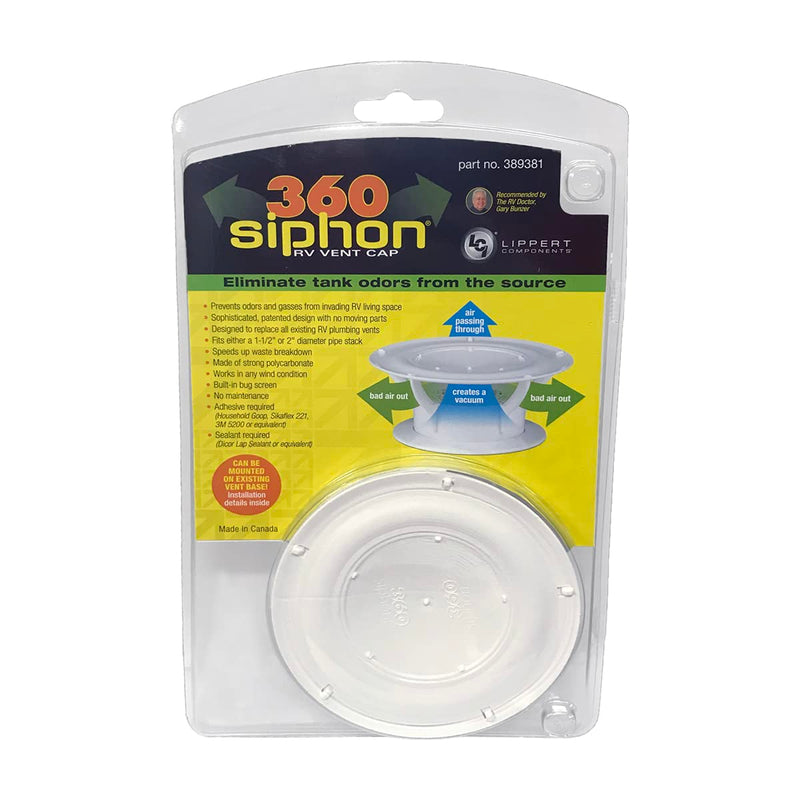 Lippert 360 Siphon RV Roof Vent Cap for Odor Prevention with Universal Fit, Built-In Bug Screen, White Polycarbonate - 389381 1 Count (Pack of 1)