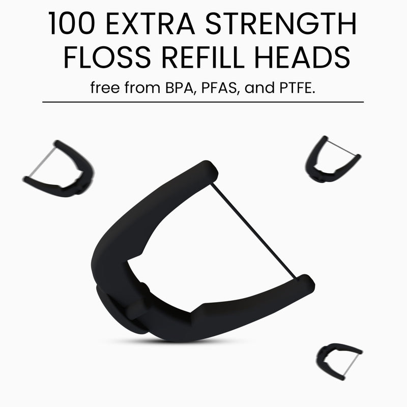 Evident Dental Flosser with Tongue Scraper – 2-in-1 Dental Flosser Kit with 100 Floss Refills – Long Ergonomic Handle for Plaque Removal & Fresh Breath Black 1 Black Handle + 100 Refills