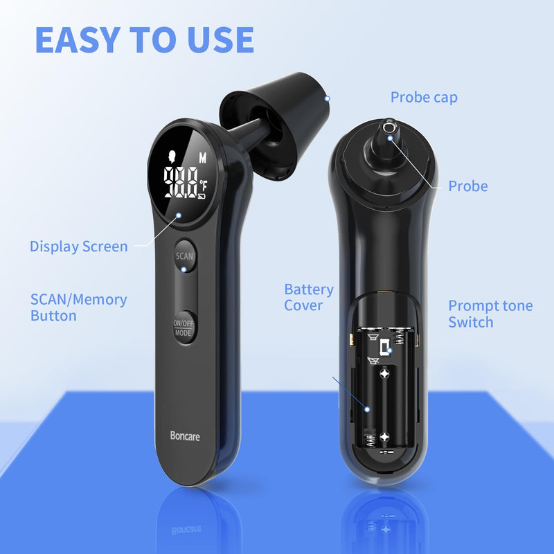 Boncare Thermometer for Adults, Kids, Accurate Digital Forehead Thermometer, Medical Grade FSA-HSA Eligible Touchless Infrared Ear Thermometer, Fever Alarm & Silent Mode, 1s Instant Results Black