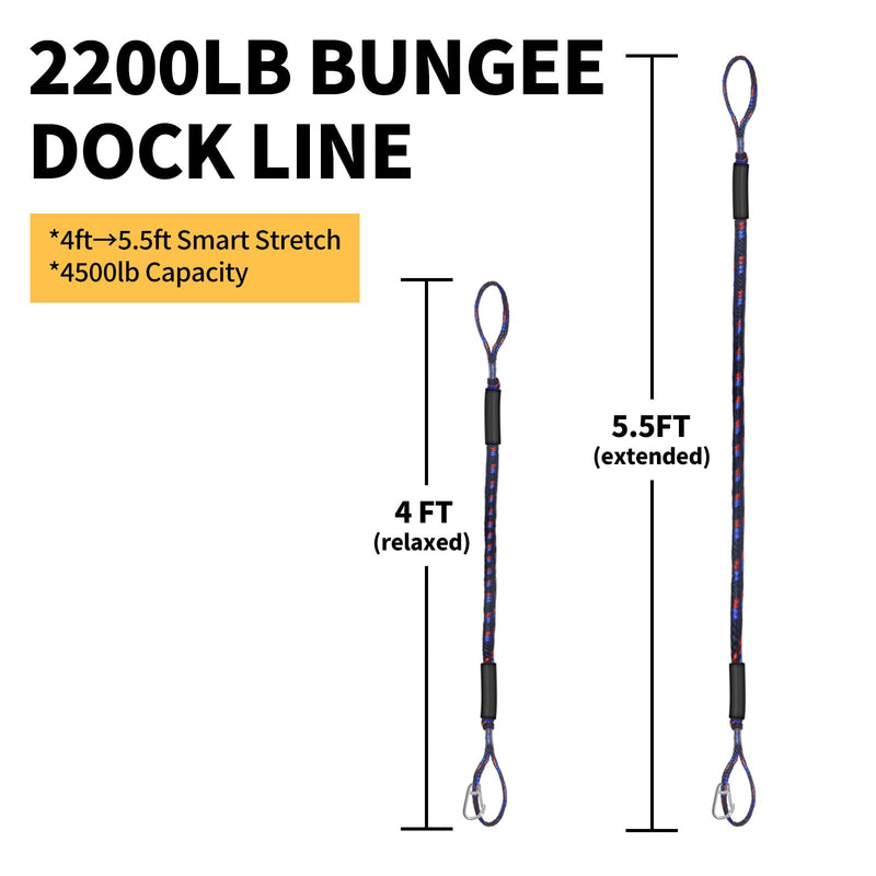 4ft Bungee Dock Line with 2 Loops and 1 Clip, 2025 Newly Upgraded Mooring Rope for Boats (Black,red,Blue) black,red,blue