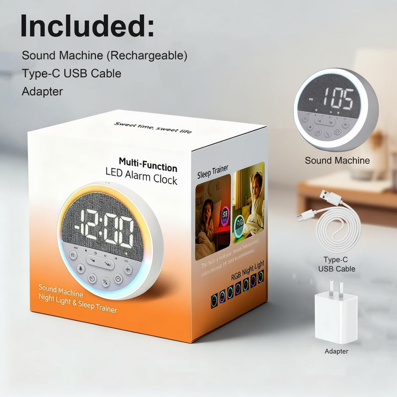 Sunrise Alarm Clock and Sound Machine Nightlight Adjustable Brightness, Rechargeable Wake Up Light Digital, Sleep Timer, Sleep Sounds, White Noise for Baby Kids Adults, Nature Soft Light for Bedroom Grey Height-10cm