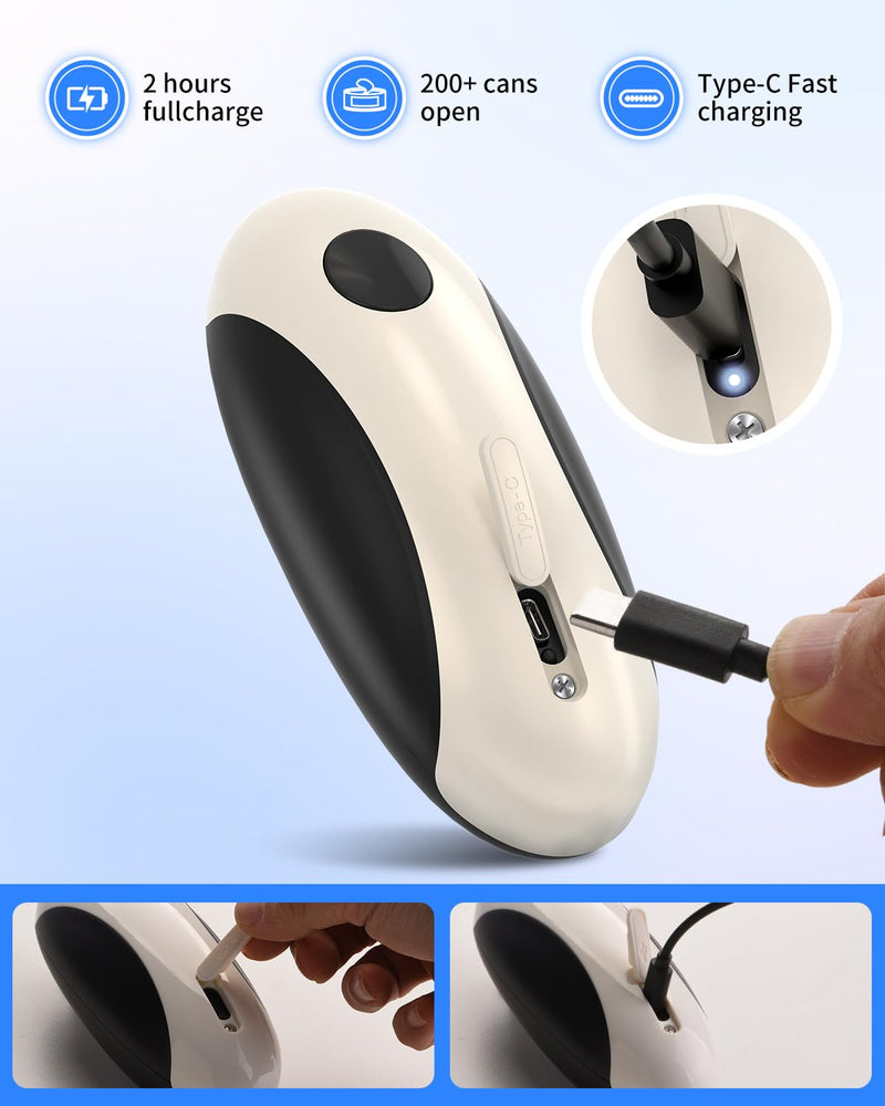 CIRCLE JOY Rechargeable Electric Can Opener, One-Touch Automatic Can Opening with Lid Remover & Smooth Edge Cutting, Food-Safe, Easy to Use for Seniors and Arthritis, Black White