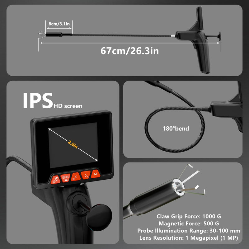 Endoscope Camera with Light and Grabber, Sewer Borescope Inspection Mirror with Magnetic Pickup, Drain Snake Scope for Automotive Repair & Pipe Cleaning, IP67 Waterproof, 6 LED, 19.7-Inch deep black