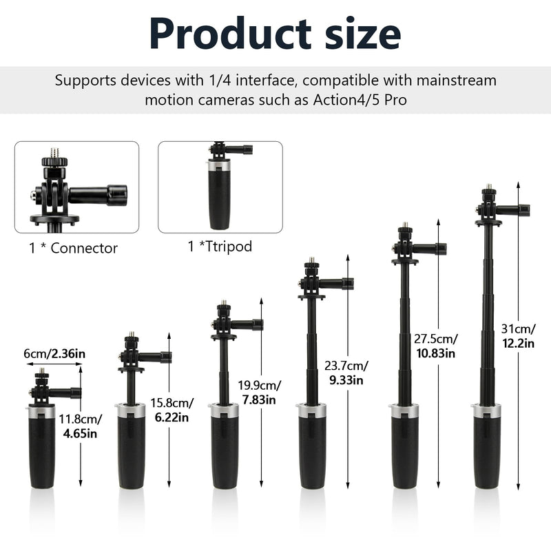 Extenable Small Camera Tripod, Portable Selfie Stick Vlog Handle Grip, Desktop Webcam Tripod with 1/4" Screw for DJI Osmo Action 4/5Pro, Lightweight Travel Tripod