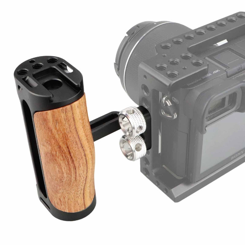 Side Handle Wooden Handgrip with Two 1/4"-20 Screws for DSLR Camera Vlog Camera Cage, Portable Mini Handle for Left/Right Hand with Cold Shoe 1/4" 3/8" ARRI Thread, Up and Down Adjustable 1/4"-20 Screw