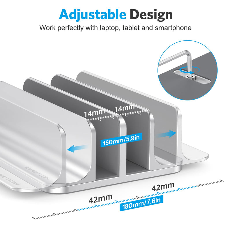 OMOTON Vertical Laptop Stand [Updated Double Version], Desktop Aluminum Mac Book Stand with Adjustable Dock Size, Fits All Mac Book, Surface, Chrome Book and Gaming Laptops (Up to 17.3 inch) (Silver) Silver