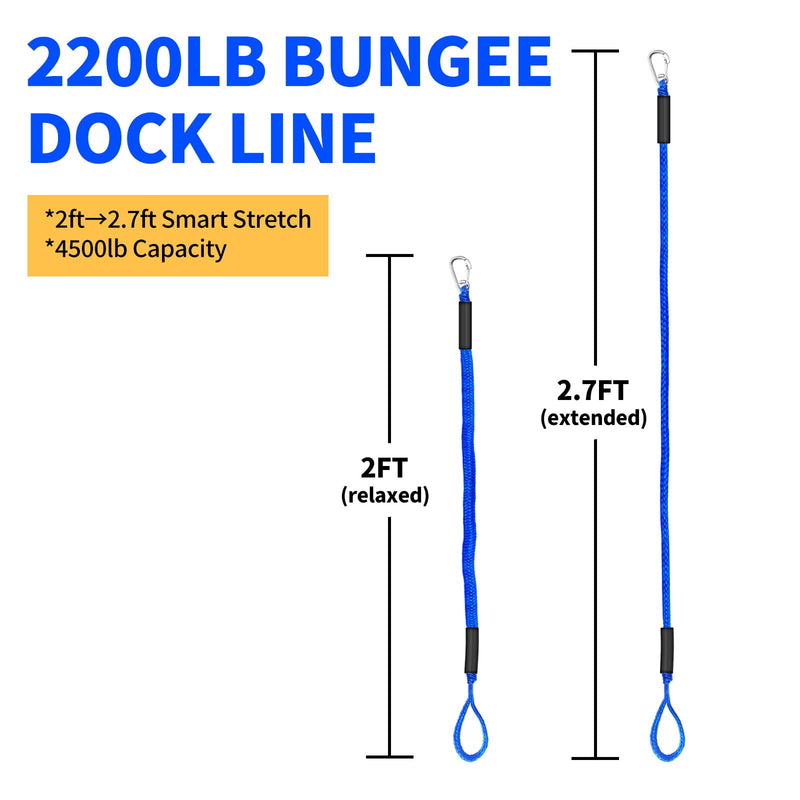 Bungee Dock Lines for Boats 2FT, Boat Tie Downs for Dock with Hooks, Elastic Dock Ties for Small Boat Jet Ski Kayak Mooring (2 Foot, 2-Pack, Blue)