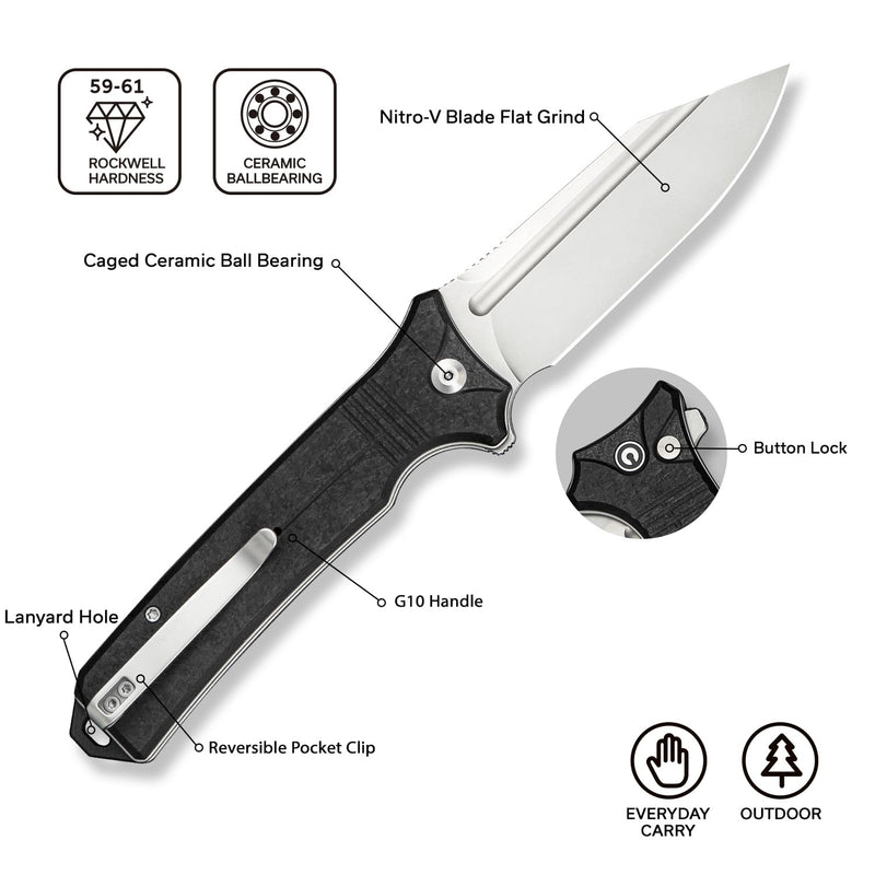 CIVIVI Neurohaptic Pocket Knife for EDC, Folding Knife with 3.74'' Nitro-V Blade G10 Handle, Reversible Clip, Gift for Men Women C23080-2 Black Shredded G10