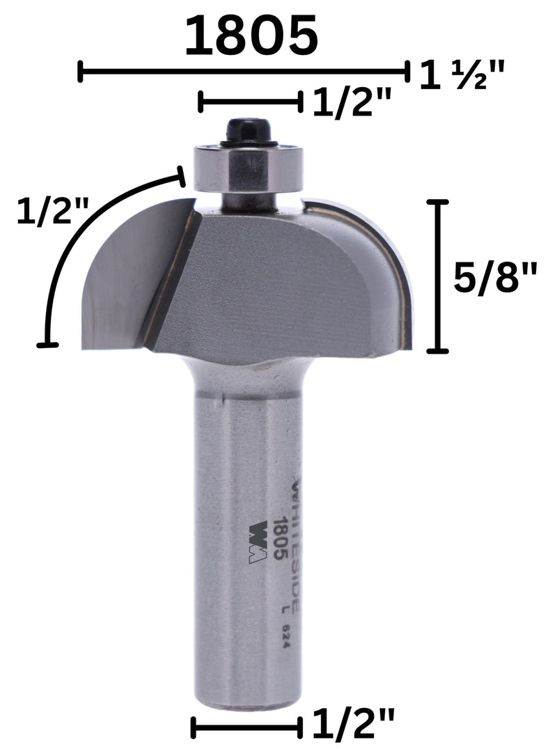 Whiteside 1805 Cove Router Bit: 1/2 Inch Radius, 1-1/2 Inch Large Diameter, 1/2 Inch Shank, 5/8 Inch Cutting Length, B3 Bearing
