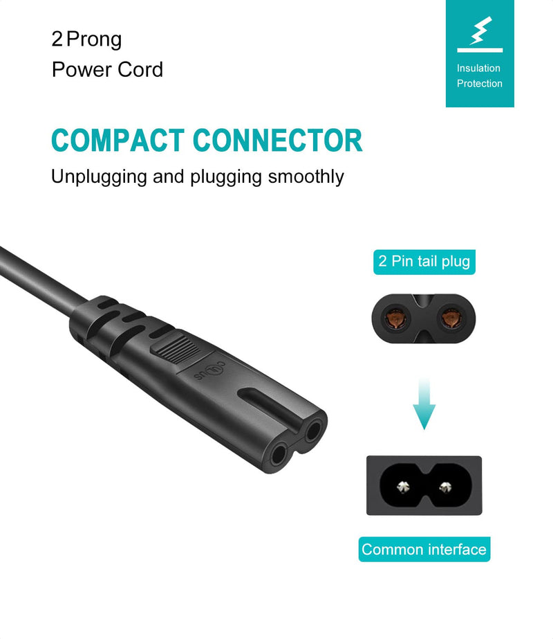 TV Power Cord AC Cable for Samsung 24" 32" 40" 43" 48" 49" 50" 55" 60" 65" 75" Inch LCD HD Smart 4K Curved TV UN55RU8000FXZA UN65RU7100FXZA UN43NU6900FXZA, 2-Slot to 2-Prong Replacement Cable 6Ft 6 Feet