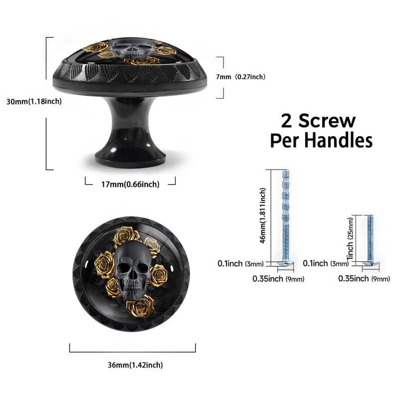 12 Pack Gothic Black Skull Golden Roses Cabinet Knobs for Kitchen | Drawer Pulls Round Dresser Handles Hardware for Desk Cupboard Wardrobe Closet Vanity Door Bathroom Decor 12PCS - 1.37"L x 1.1"W Gothic Black Skull with Gold Roses