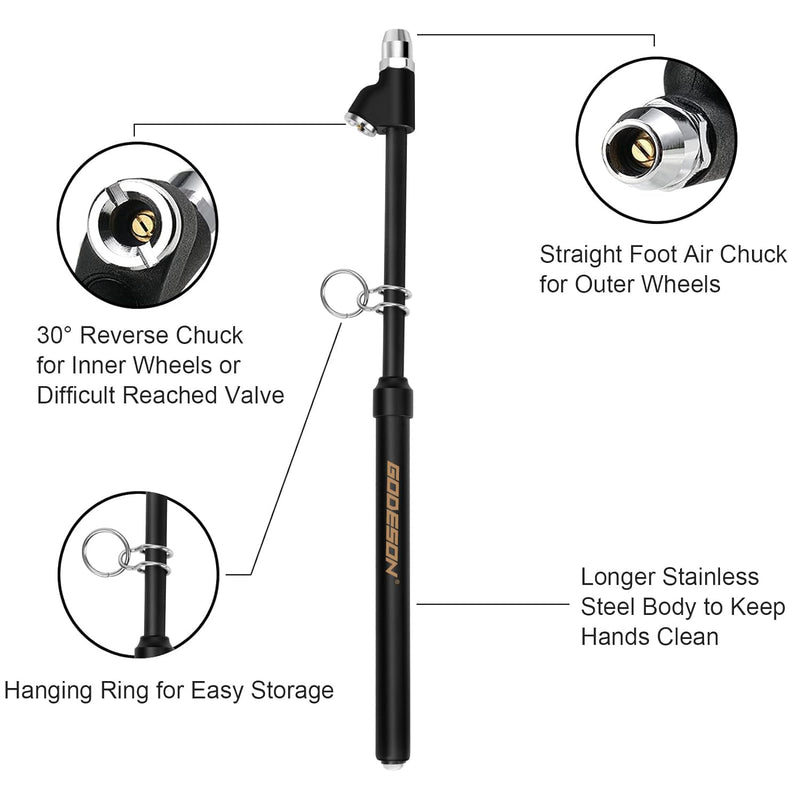 GODESON Heavy Duty Tire Pressure Gauge, Straight-On Dual Head Tire Air Gauge Range 10-150PSI, Extended Tube Tire Gauge Suitable for Semi Truck, RV,and Bus(Pack of 2) Silver and Black 2 Pack