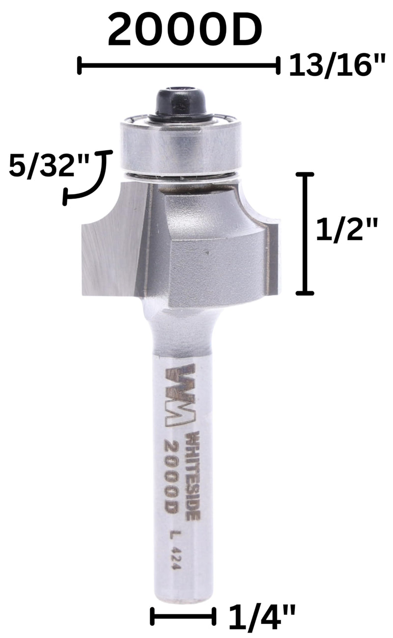 Whiteside Router Bits 2000D Round Over Bit with 5/32-Inch Radius, 13/16-Inch Large Diameter and 1/2-Inch Cutting Length