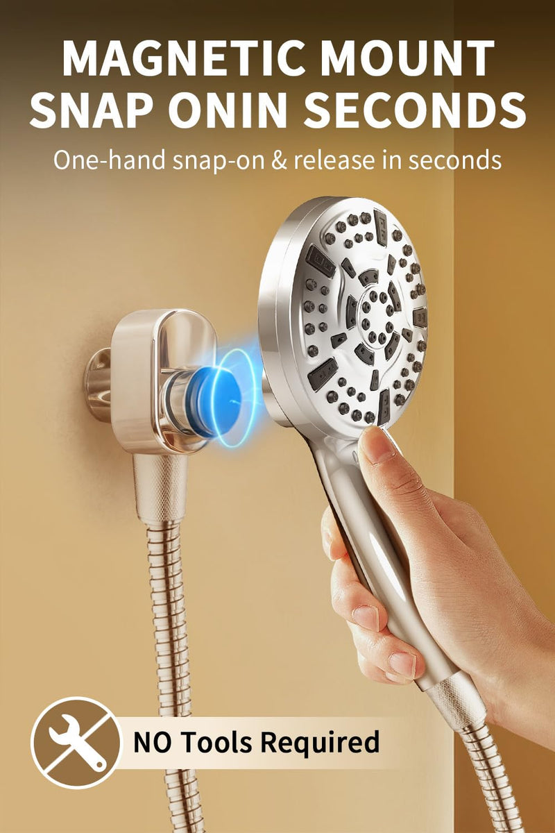 Magnetic Shower Head with Handheld - 10 Spray Modes High Pressure Filtered Showerhead, Detachable Magnetic Mount, Built-in WaterFilter, Extra Cleaning Nozzle, Chrome Silver