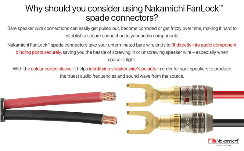 Nakamichi FanLock Excel Series 24k Gold Plated Spade Connector Banana Plug 10 AWG - 18 AWG Gauge Size 4mm for Speakers Amplifier Hi-Fi Home Theatre Wire Cable Quick Connector, 12 Pcs (6-Pairs) 12 Pcs (6-Pairs)