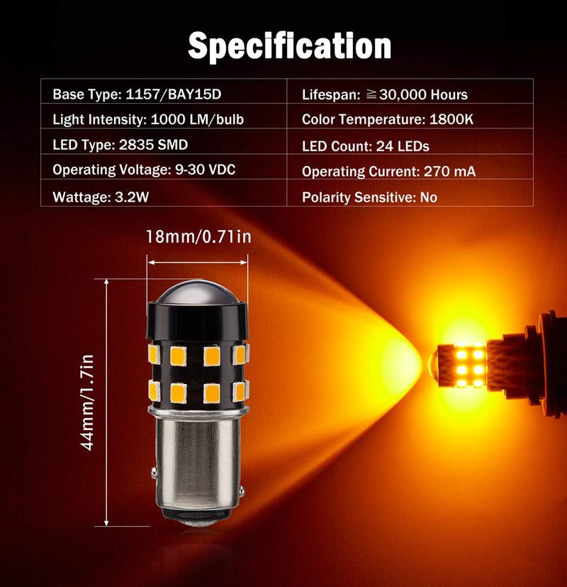 4-Pack Super Bright 1157 2057 2357 7528 1157A LED Bulbs Amber Yellow 9-30V Non-Polarity 24-SMD LED Chipsets with Projector for Turn Signal Lights, Side Marker Lights Pack of 4