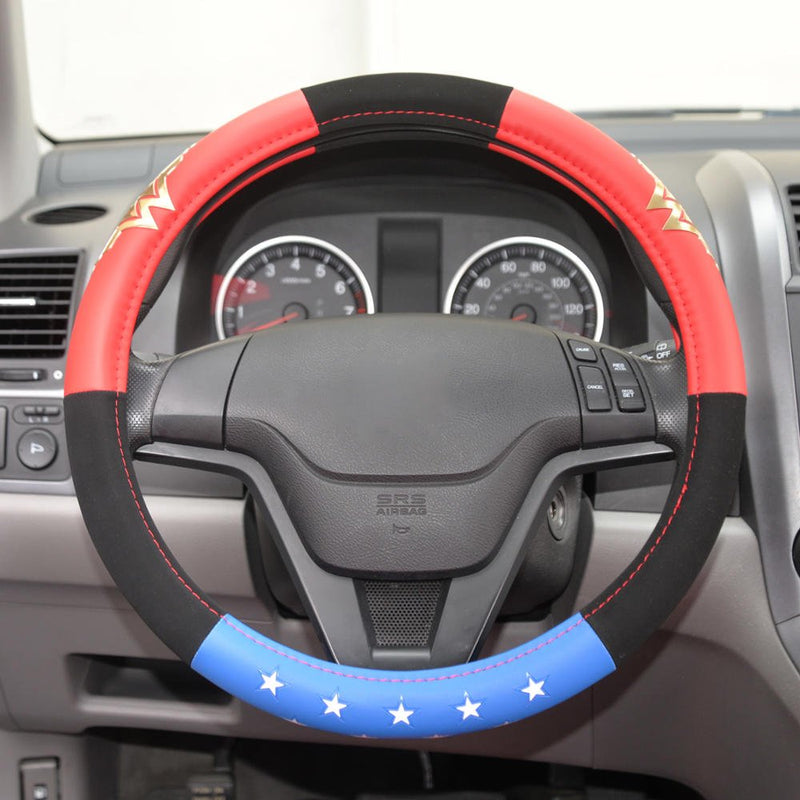 BDK Warner Bros DC Comics Wonder Woman Steering Wheel Cover - Car Accessories for Women, Superhero Heroine Gift Ideas, Original Red White Blue WonderWoman Logo, Universal Standard Fit 14.5-15.5 Inches Wonder Woman - Three tone