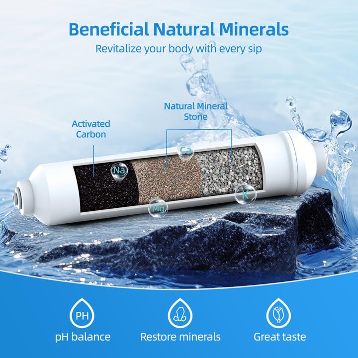 MIZUDO 12 Months Remineralization Filter, 1/4" Quick Connect Alkaline Filter for RO Reverse Osmosis System Under Sink, PH Balance and Restore Minerals, 10-inch PH Alkaline Filter
