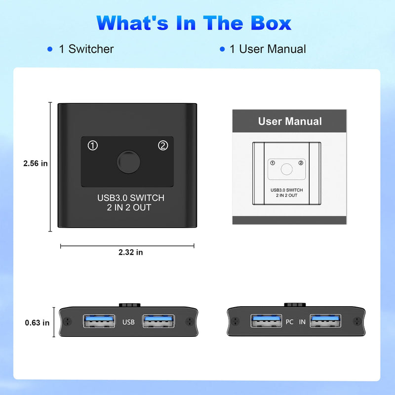 USB Switch, USB 3.0 Switcher 2 in 2 Out, Switcher 2 Computers Sharing 2 Devices for Printer, Keyboard, Scanner, Mouse, Compatible with Mac/Win/Linux