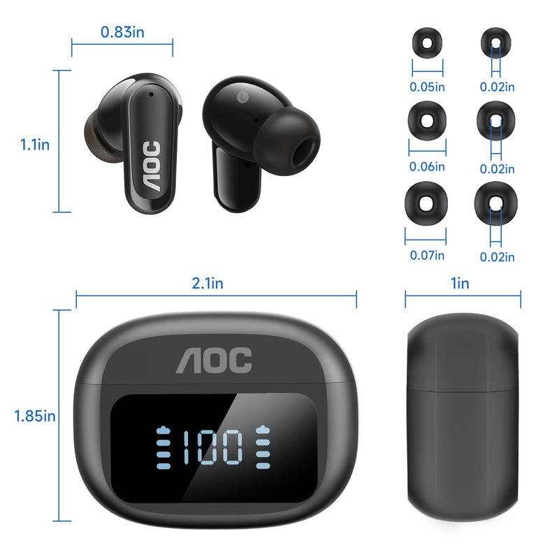 AOC Noise Cancelling Wireless Earbuds, 39dB ANC, 45H, LED Display, Black | in Ear Bluetooth 5.4 Headphones with 6 ENC Mic, Transparency Mode, Deep Bass Sound, 36 EQs via App, Fit for Sports, Commuting