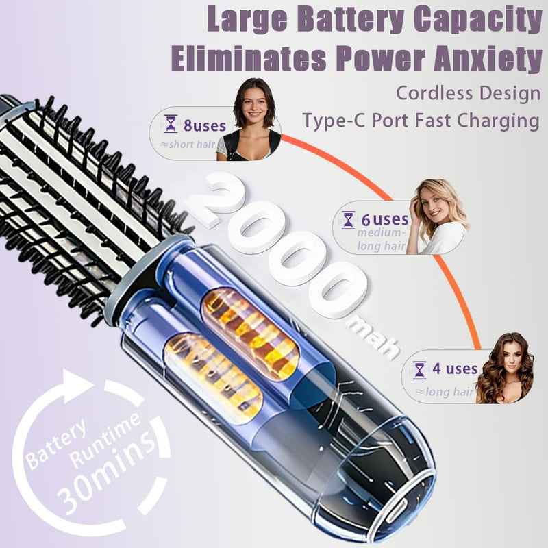 Cordless Hair Curling Iron Brush Rechargeable Battery-Powered, 3-in-1 Portable Hot Straightener Curling Comb 3 Temperature Settings with LCD Display White