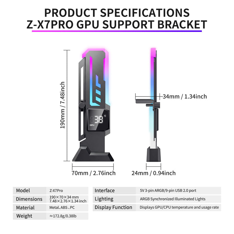 ARGB GPU Support Bracket with CPU & GPU Temp/Usage Display, Adjustable Height GPU Sag Bracket with Magnet & Non-Slip Base for Video Card, Universal Graphics Card Support, 5V3PIN RGB GPU Brace