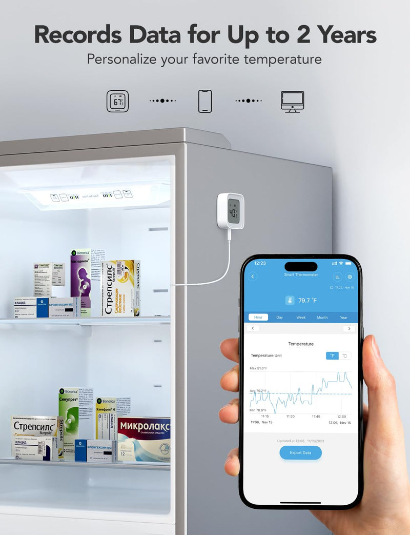 GoveeLife WiFi Refrigerator Thermometer with Alarm, Wireless Digital Freezer Temperature Gauge with App Control, LCD Display, 2 Years Free Data Export, for Fridge Hot Tub (Only Support 2.4G WiFi) 1 Gateway + 1 Sensor