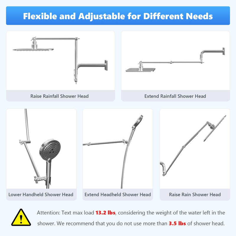 20 IN Shower Head Extension Arm, Anti-Leak Adjustable Shower Arm Extender for Rain & Handheld Shower Head, Extended Shower Head with G1/2 Universal Connector Compatible (Extend, Chrome) 20IN