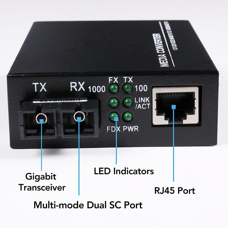 A Pair 2 Pack Multi-Mode Dual SC Fiber Gigabit Fast Ethernet Media Converter, Mini 1x 10/100/1000Base-T RJ45 to 1000Base-SC Slot Converter Transceiver, up to 2KM 850-1310-nm, AC 100V~240V Multi-Mode SC Dual Port