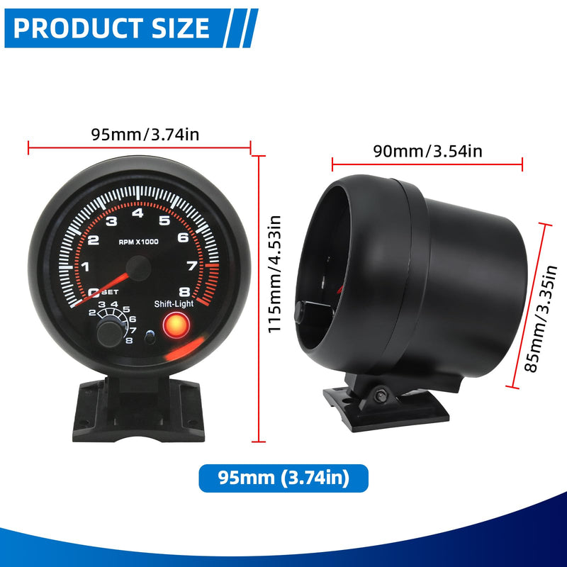 3.75 inch (95mm) Tachometer with Shift Light, 8000 RPM Gauge, 5-Level Adjustable Brightness Backlight Tach for 12V AUTO