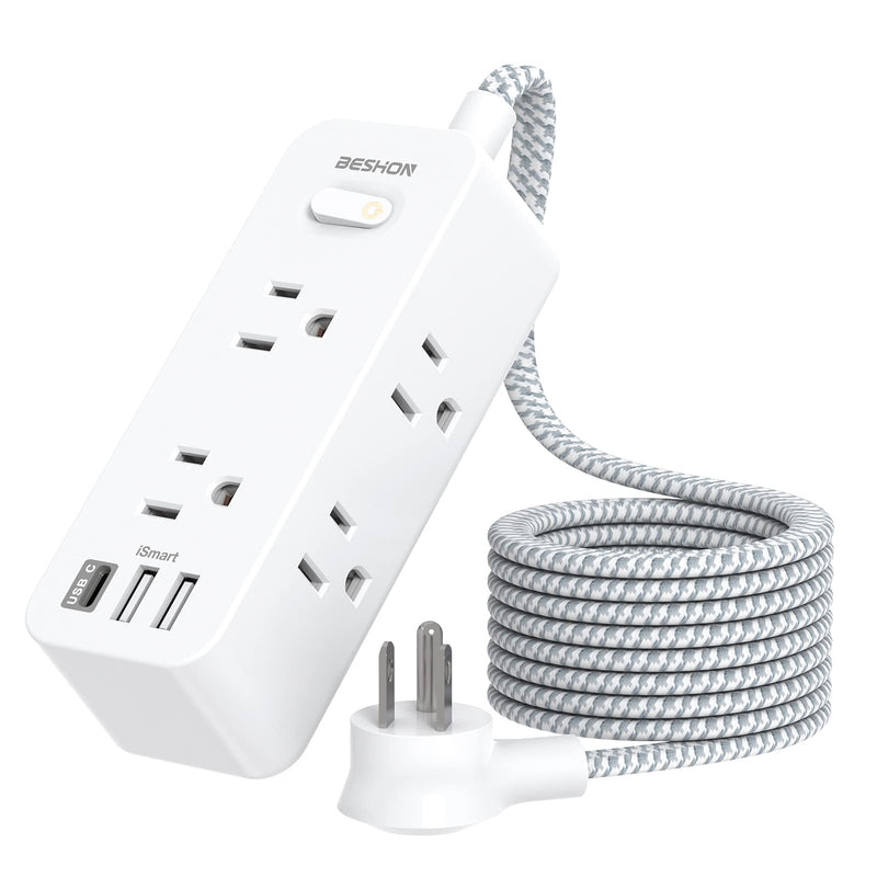 Power Strip Surge Protector, 5Ft Extension Cord, 6 Outlets with 3 USB Ports(1 USB C Outlet), 3-Side Outlet Extender, Wall Mount, Compact for Travel, Home, School, College Dorm Room and Office 5FT-Right Angle Plug White