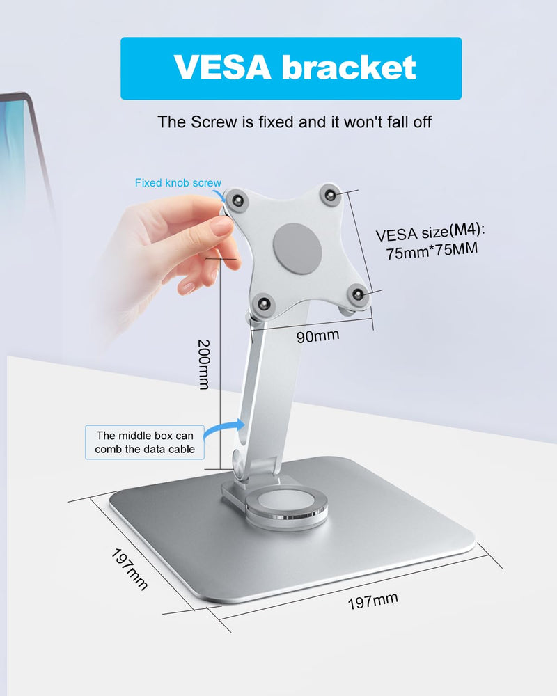 75x75mm VESA Monitor Mount Stand, M4 Anti-Loss Screws, Aluminum Alloy Base, Fits 7"-18" Small Portable Monitors, Silver Foldable Lay Flat Monitor Stand (Not Fit 100x100mm Vesa)