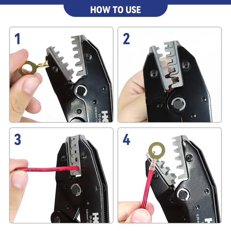 HKS Crimping Tool for Non-Insulated Open Barrel Terminals -for JST Molex TE Connectors - AWG 24-10 (0.25-6mm²) with Chrome-Moly Steel Wire Cutting Jaw - YF-04BS