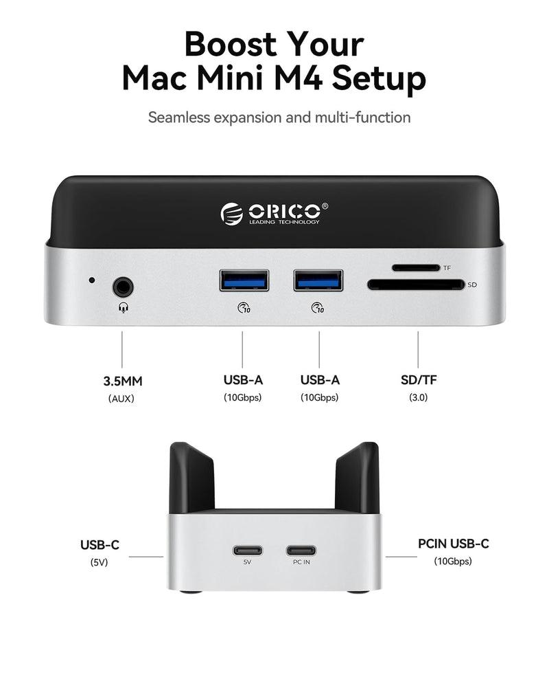ORICO MiniDock Mac mini M4 Dock and Stand with 8TB M.2 SSD Enclosure (SSD NOT Included), 2xUSB A 10Gbps, SD/TF Card Slots, 3.5mm Audio, for Mac mini M4 and M4 Pro 2024(VSE) 0GB(SSD not included)