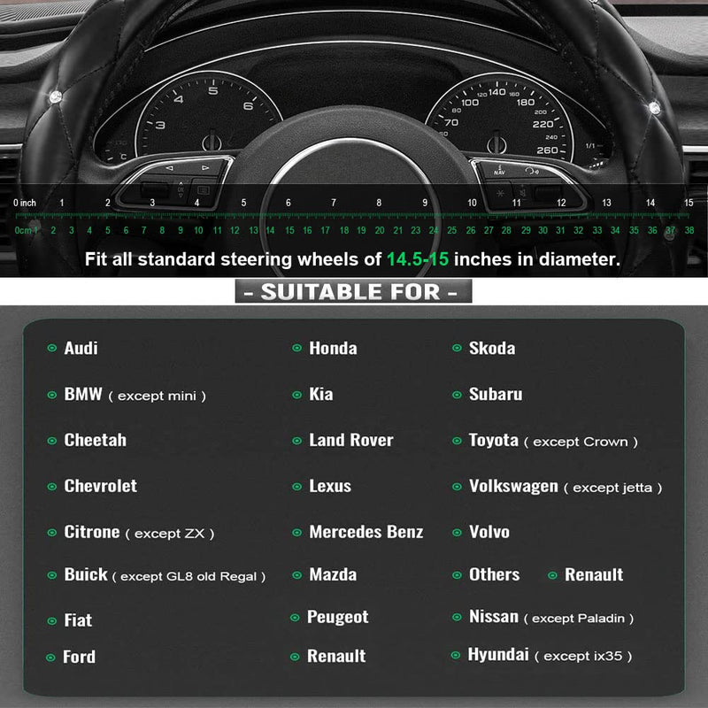 Xizopucy Diamond Leather Bling Steering Wheel Cover, Universal Car Steering Wheel Protector with Crystal Rhinestones Anti-Slip Soft Interior Accessories for Women and Girl Fit 15 inch -Black Black