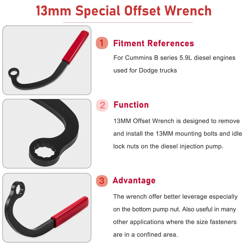 13mm Injection Pump and Idle Lock Nut Wrench Fits For Cummins B Series 5.9L Diesel Engines For Dodge Trucks Special Offset Wrench