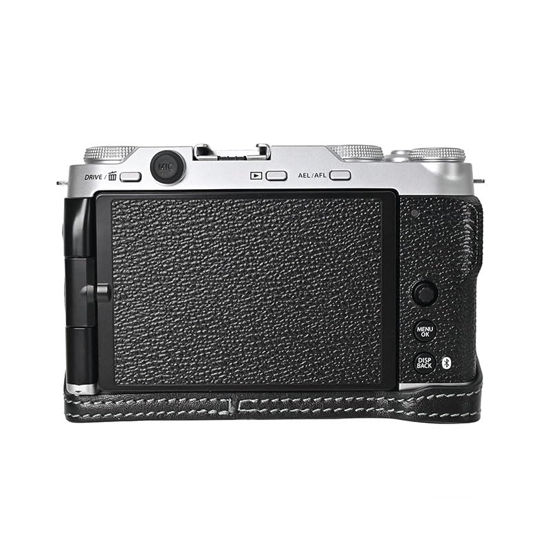 X-M5 Case, Handmade Genuine Real Leather Half Camera Case Bag Cover for Fujifilm X-M5 XM5 Bottom Opening Version + Neck Strap (Black) Black
