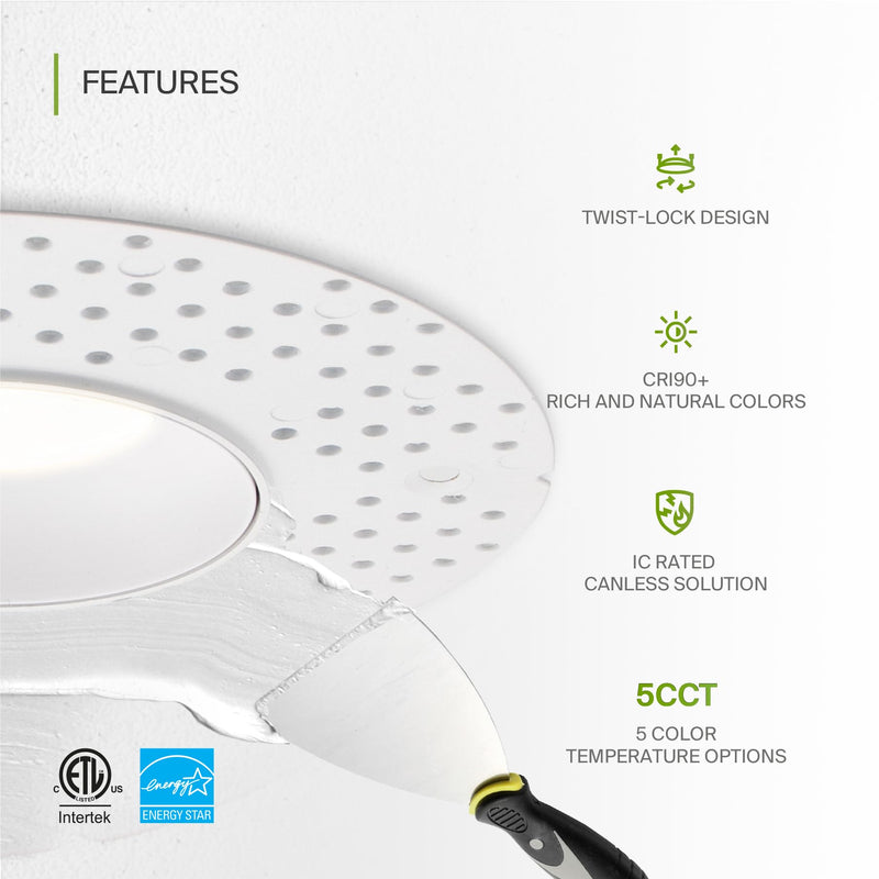 ASD Trimless 3 Inch LED Recessed Light, 12W 120V Round Commercial Downlight, Canless Dimmable Lights for Ceiling with J-Box, 5 CCT 2700K-5000K, CRI 90+, IC Rated, ETL, Energy Star, White Round 1 Pack 3" 12 Watt